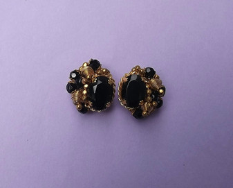 Pat Pend Vtg Designer Earrings~Gold Coils~Hand Wired Black Glass Beads Stone