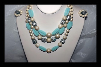 Barclay Venetian Murano Blue Silver Foil & Poured Glass Beads Necklace Earrings Set
