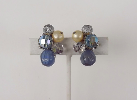 Vintage HATTIE CARNEGIE EARRINGS~ICY BLUE ART GLASS AB CRYSTAL BEADS
