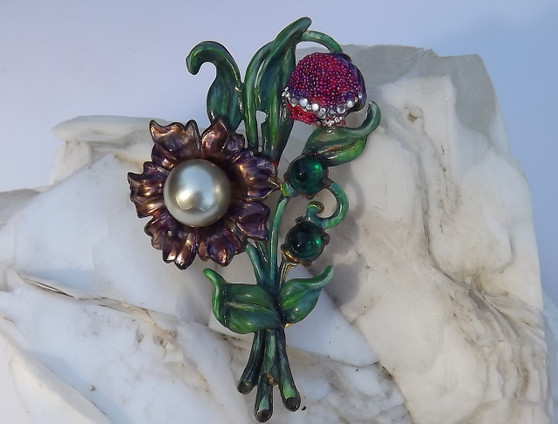 Vintage Rare Enamel Flower Spray Pin Pomerantz Resurrected Summer Spring Brooch
