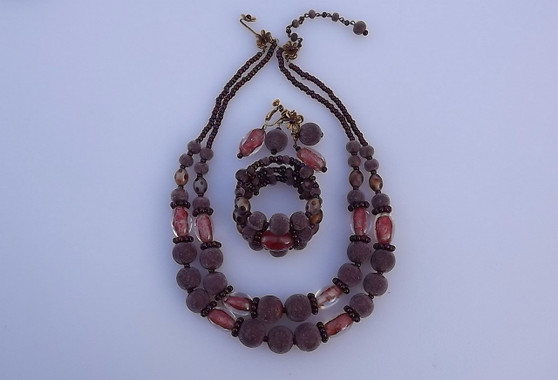 DeMario Art Glass Beads Necklace Bracelet Ers Set Coralene AB Garnet Venetian