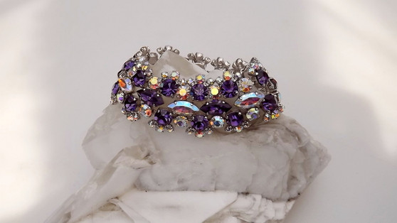 Vintage WIDE Sherman Round & Marquise Cut AB Crystal Purple Rhinestone Bracelet