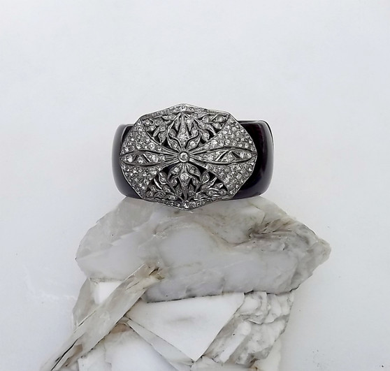 Art Deco Paste Stones Clamper Bracelet Wide Black Plastic Hinged Statement Piece
