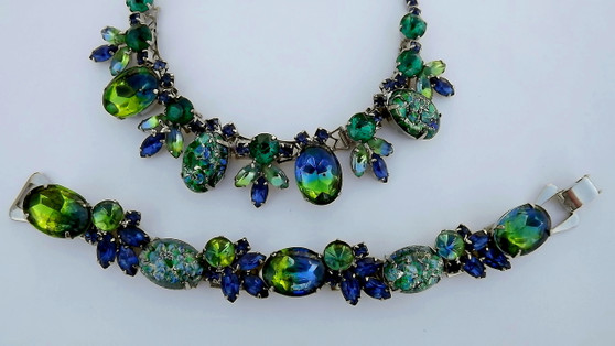 Vintage Juliana For Weiss Cat's Eye Art Glass Cabs Necklace Bracelet Green Blue