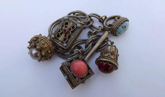 Victorian Revival Fob Charm Bracelet Heavily Embossed Fobs Deco Era Toggle Clasp