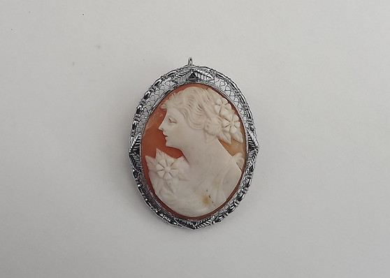 Antique Carved Shell Cameo Pin / Pendant Sterling Filigree Hand Carved Beauty