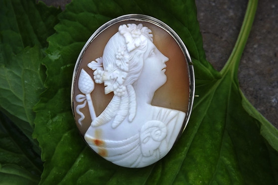 19th Century 10K Gold Cameo of Bacchus, Ram on Shoulder, Grapes & Leaves in Hair