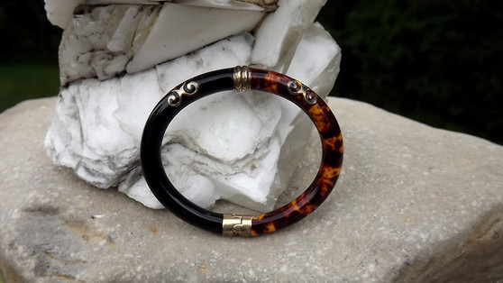 Vintage Teorema Enamel Black Tortoise Shell Sterling Silver Hinged Bangle Bracelet Italy