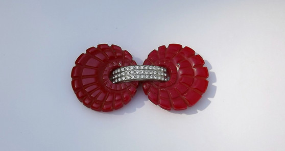 Art Deco Deeply Carved Bakelite Pin Pave Rhinestones Bright Red Brooch Hallmark