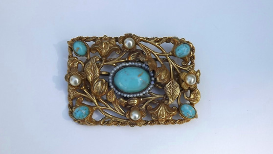 Vintage Czech Pin Gold Ormolu Brooch Glass Turquoise Cab, Glass Pearls, Victorian And Art Nouveau Influence