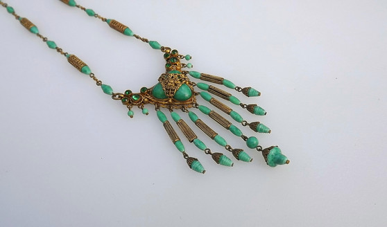 Vintage Max Neiger Czech Necklace Green Glass Ornate Brass Filigree Long Dangles