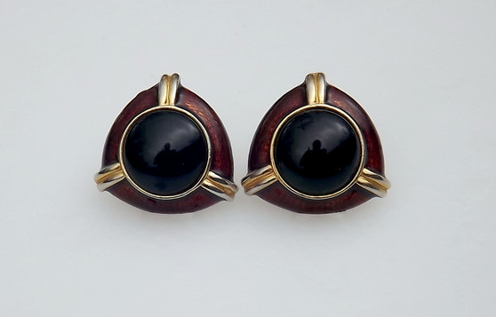 Vintage Donald Stannard Brown Guilloche Enamel Earrings Big Black Glass Cabochon