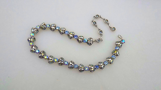 1957 HOLLYCRAFT Necklace Light Sapphire Blue AB Rhinestones, Heart Shaped Links