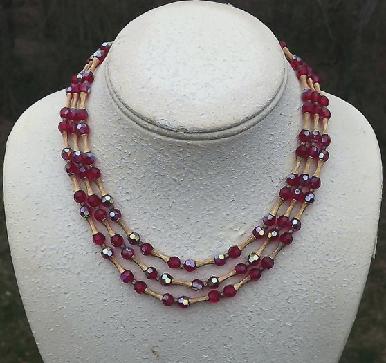 Vintage Trifari Necklace 3 Strands Red Cranberry AB Glass Beads Gold Plated