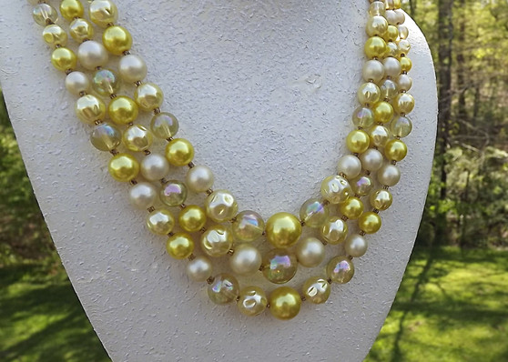 Vintage 3 Strand Yellow Plastic Pearl Beads Necklace Iridescent & AB Hollow Beads