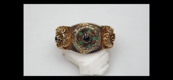 Vintage Sandor Renaissance Revival Hinged Cuff Bracelet Green Peking Glass, Filigree Metal, Old Costume Jewelry