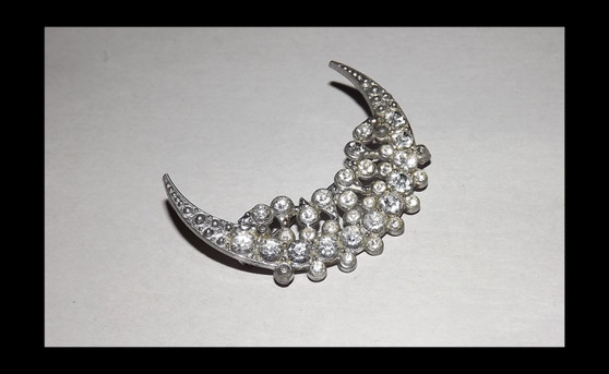 Art Deco Crescent Moon Rhinestone Brooch Vintage Celestial Jewelry Paste Stones Pot Metal Pin