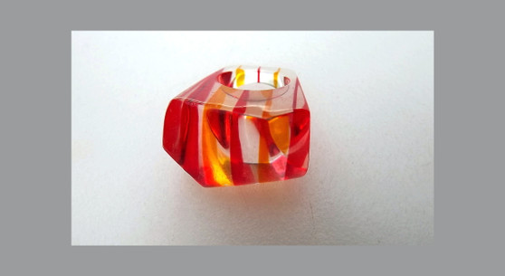 Huge Vintage 60's Perspex Lucite Red Yellow Orange Laminated Clear Stripe Ring