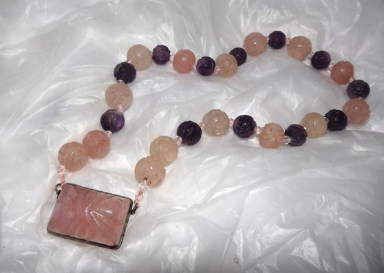Art Deco Chinese Carved Amethyst & Rose Quartz Shou Bead Necklace Sterling Silver Old Costume Jewelry