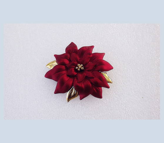 Shimmering Christmas Red Poinsettia Brooch Heavy Satin Enamel Finish Holiday Jewelry Old Costume Jewelry Holiday