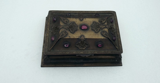 Antique La Tausca Jeweled Box Originally For Bridal Pearl Necklace Amethyst Glass Stones Brass Metal Message Inside