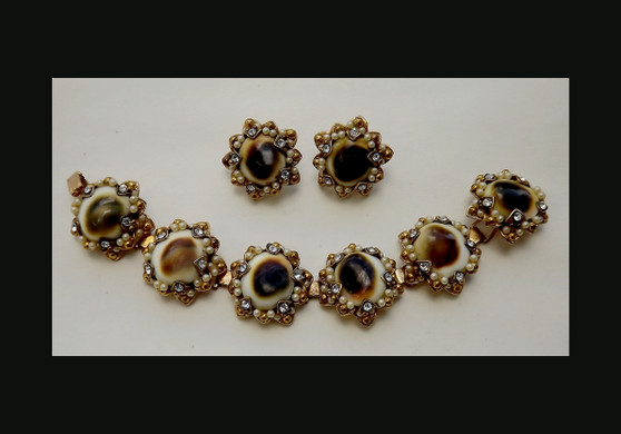 Vintage  Rare OPERCULUM Seashell Bracelet Earrings Set Ornate With Rhinestones GlassPearls Victorian Revival