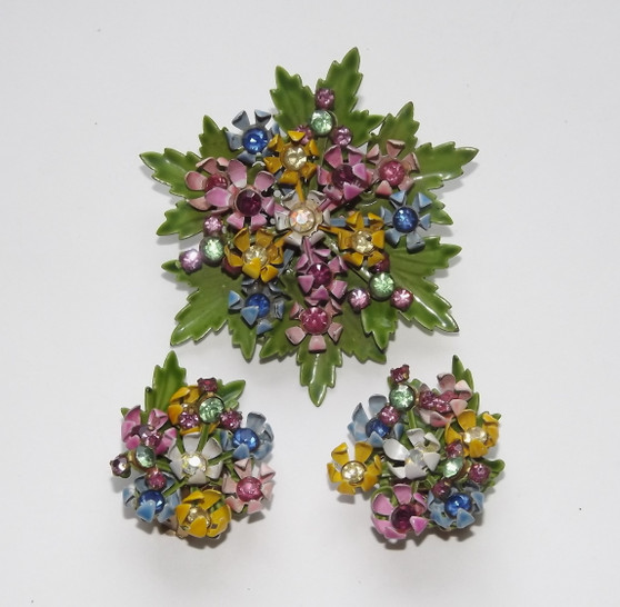  Rare Leru Enamel Flower Bouquet Pin Earrings Set AB Rhinestones Gorgeous Spring Summer Unsigned Beauty