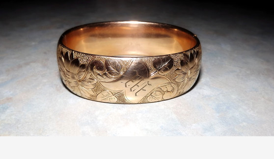 Victorian Wide Gold Filled Bangle Engraved Etched GF Hinged Bracelet