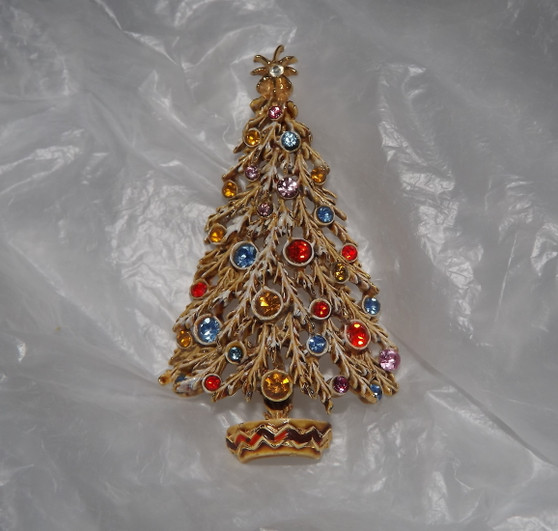 Vintage Signed Art Christmas Tree Pin Enamel Branches Boughs Xmas Brooch 