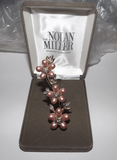 Nolan Miller Champagne Pearls Brooch Flower Clusters Pin In Box Faux Pearls