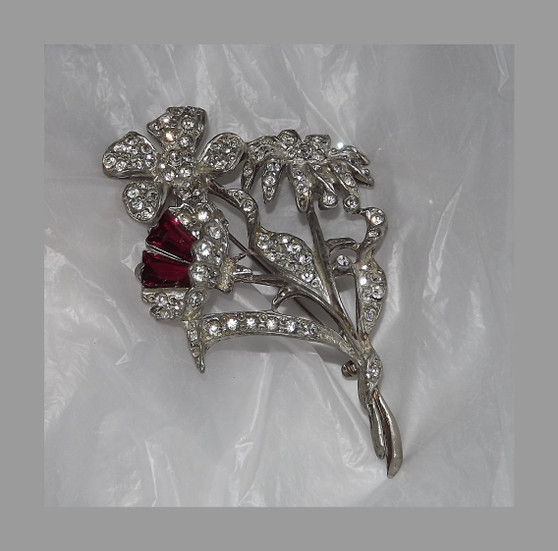 Art Deco Flower Spray Pin, Ruby Glass, Paste Stones, Pave Rhinestones, Pot Metal, Likely Boucher