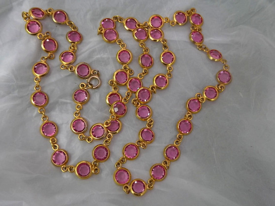 Vintage Pink Glass Necklace Rivière Bezel Set 35.5 Inch Long Gold Tone Metal