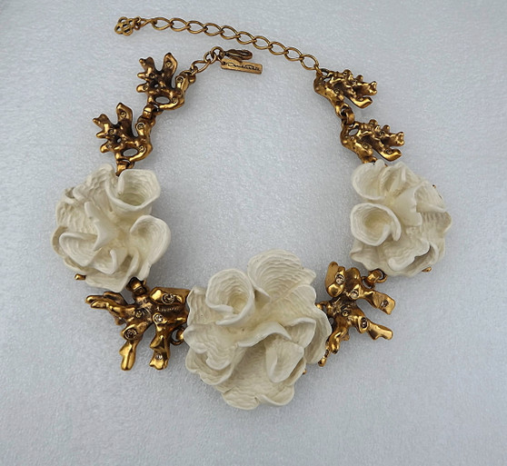 Oscar De La Renta Gold Plated Camellia Flowers Necklace Runway Couture Rare Piece!