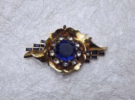 VTG 1940's MAZER PIN Big COBALT BLUE Stone RARE COBALT BLUE Baguette Rhinestones