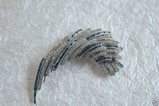 TRIFARI Art Deco Brooch Pave Rhinestones And Invisible Set Blue Baguettes "Lightning" Collection 1961