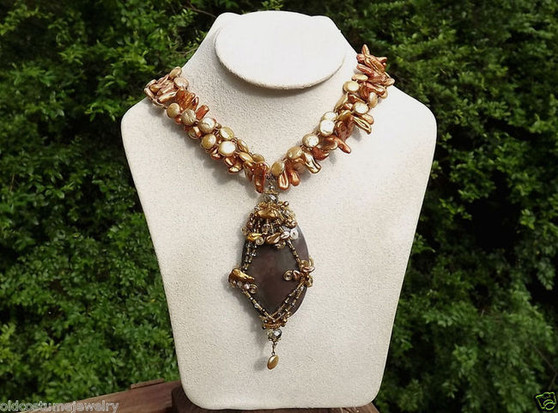 BIG HAUTE COUTURE HAND WIRED GEMSTONE  and PEARLS PENDANT~AUSTRIAN CRYSTAL BEADS