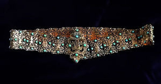 RARE CZECH EGYPTIAN REVIVAL BELT~BRASS~TURQUOISE GLASS CABS~SCARAB PHARAOH~2 DI 4