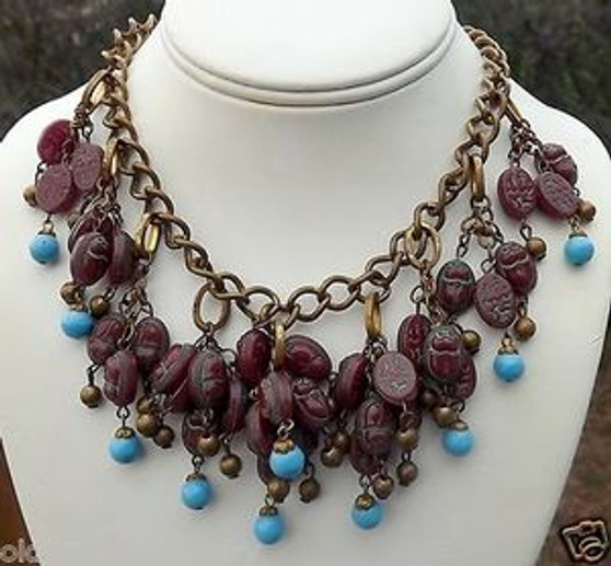 UNSGND MIRIAM HASKELL EGYPTIAN  FRINGE NECKLACE~OPALESCENT SCARAB GLASS BEADS