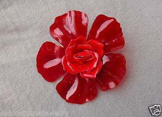 Vintage RED Cellulose ACETATE Flower Brooch With Rose Bloom CENTER Summer of Flowers