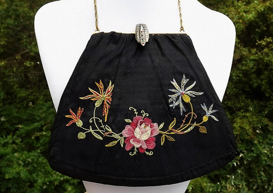 EDWARDIAN SILK & TAMBOUR EMBROIDERY PURSE by TRINITY~JEWELED & EMBOSSED CLASP