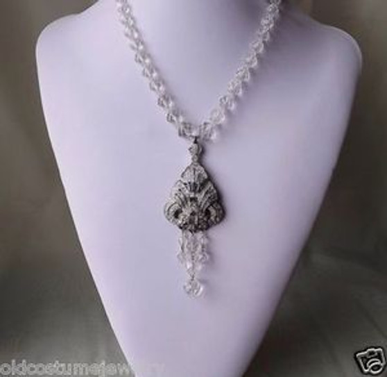 VTG FACETED ROCK QUARTZ BEADS NECKLACE  & PAVE SET RHINESTONES ART DECO PENDANT