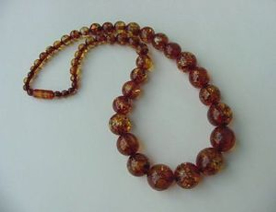 VTG LONG LUCITE NECKLACE~BIG AMBER COLORED BEADS~CRACKLED AFFECT as REAL STONES