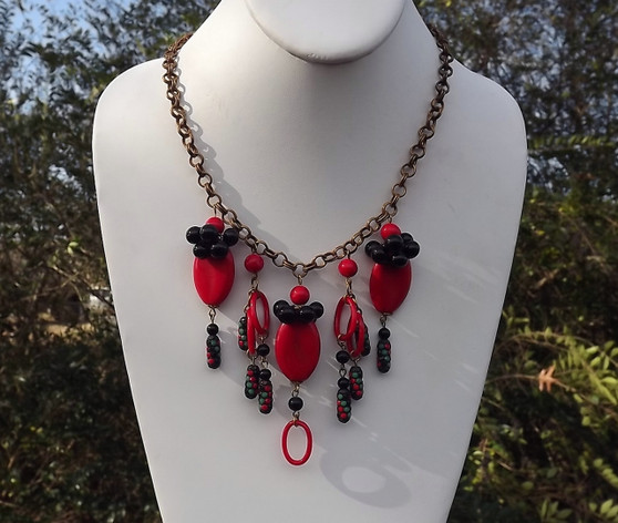 Saved For Cynthia Spectacular Vtg CZECH Glass & Brass FRINGE Necklace RED & BLACK BEADS