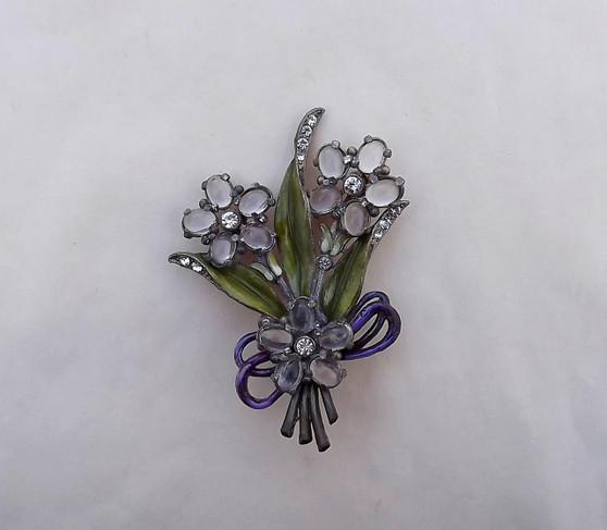 Art Deco POT METAL FLOWER SPRAY Pin~GLASS CABS~Rhinestones ~Enameled LEAVES