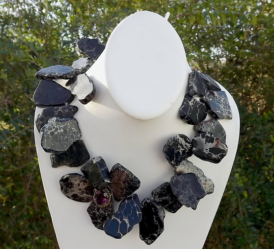 Black Jasper Slab Chunky Necklace Antique Amethyst & Pearls Adornment