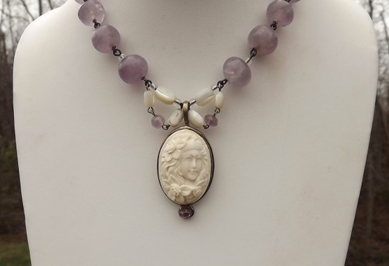 Antique Amethyst Beads & High Relief Carved BONE CAMEO NECKLACE Ers Set STERLING