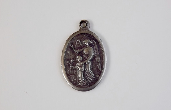 Older Vintage Art Nouveau Guardian Angel Medal Religious Catholic Medal ANGEL & Child pray For Us Italy