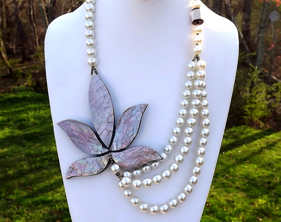 Huge Abalone Paua Shell Swag Necklace Big Leaf Pearl Beads Hawaii Beach Couture