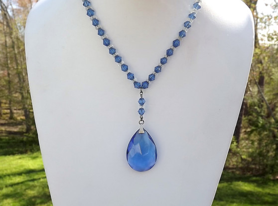 Art Deco Lavalier Necklace Blue Faceted Glass Pendant Rondelle Beads