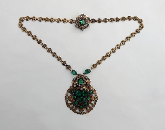 Vintage Czech Necklace Emerald Green Glass Stones Brass Metal Smoky Rhinestones